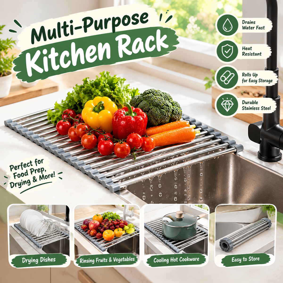 Roll-Up Stainless Steel Kitchen Sink Drying Rack