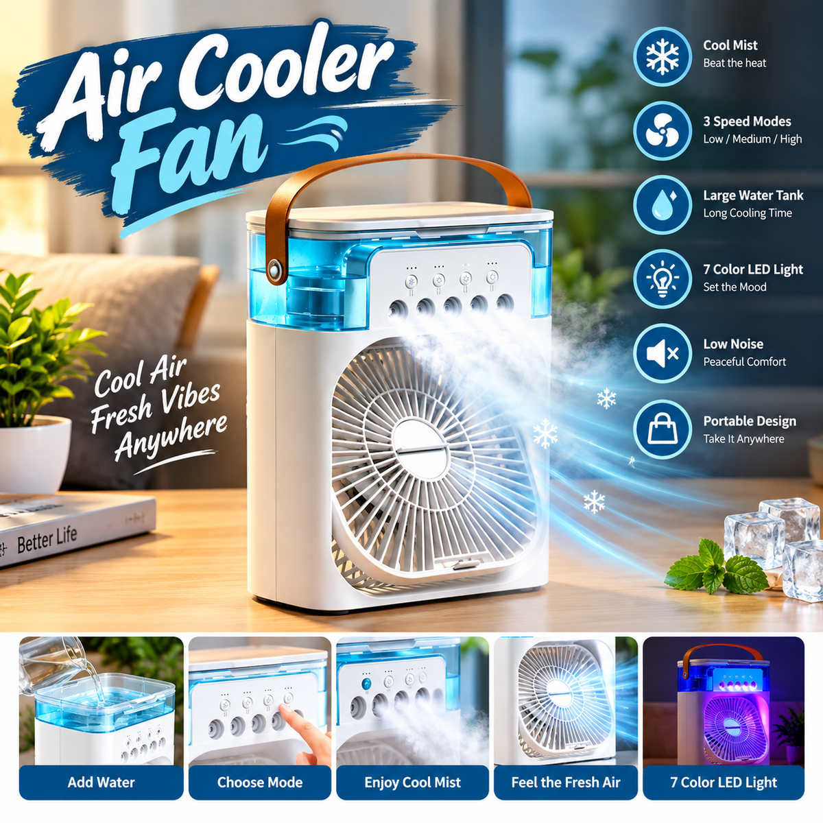 Portable Air Cooler Fan with Cool Mist