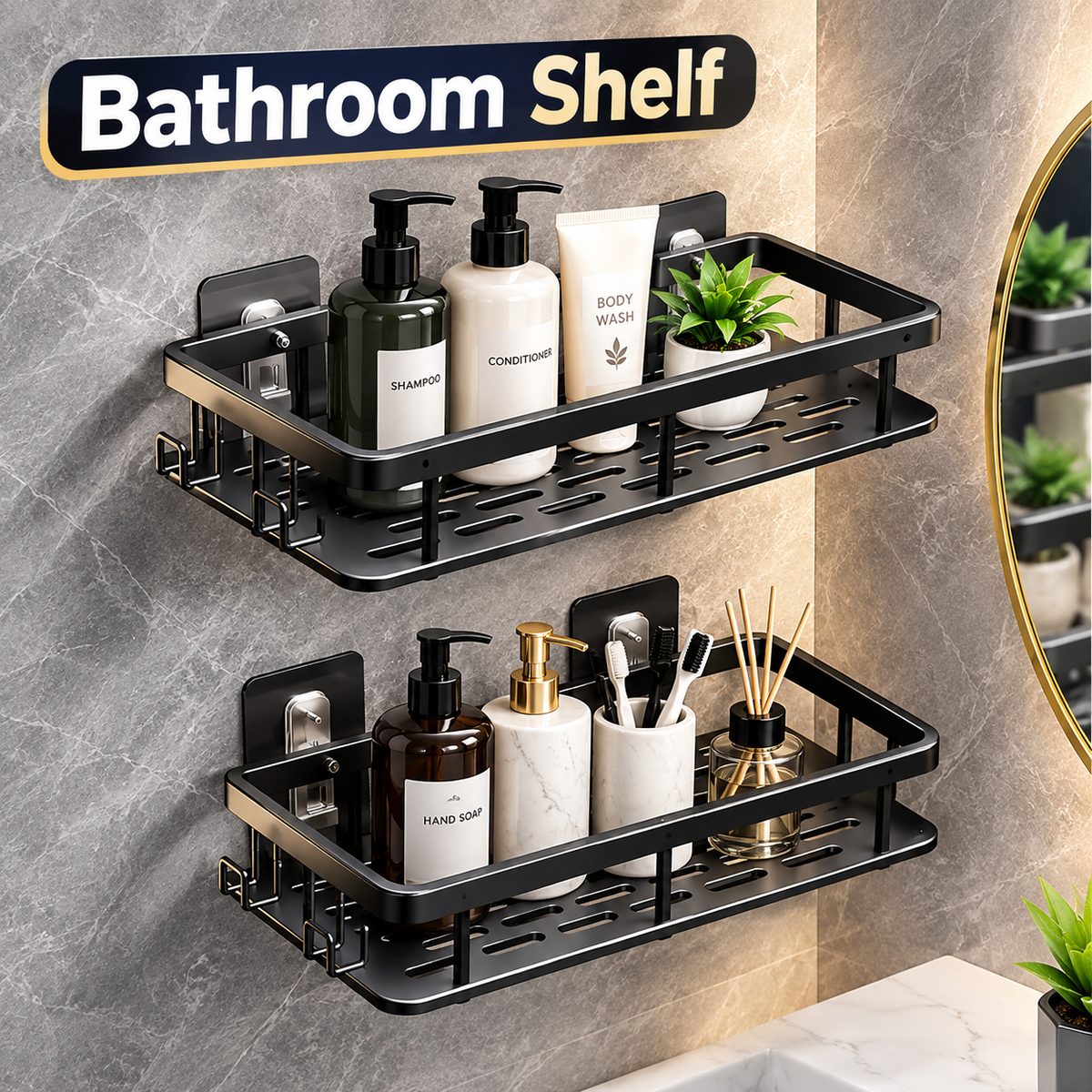 Premium Bathroom Wall Shelf  No Drill Shower Storage Rack