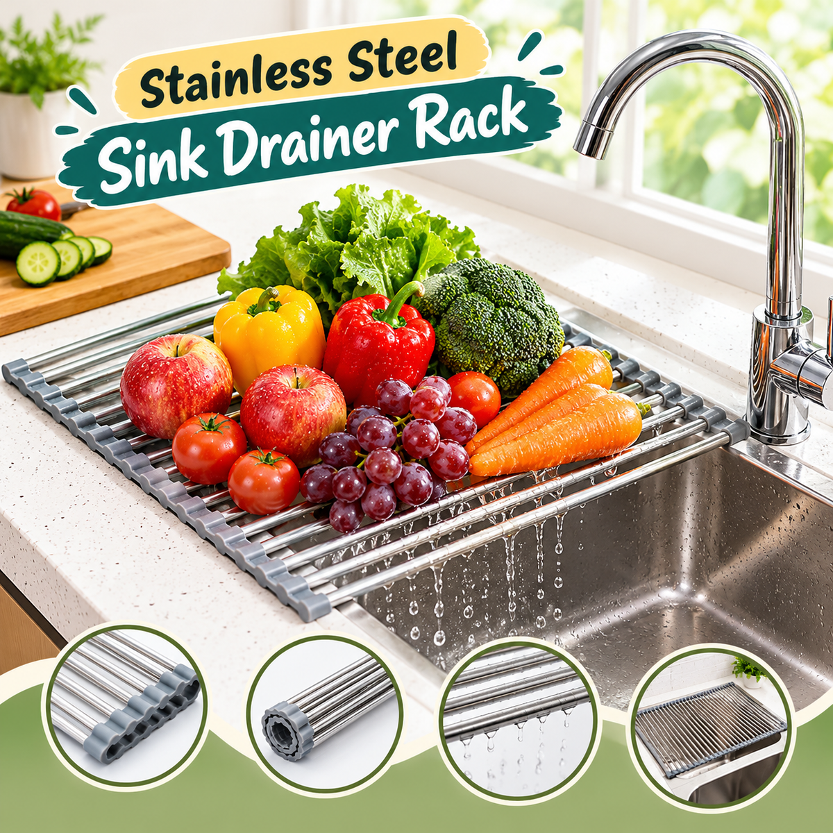 Roll-Up Stainless Steel Kitchen Sink Drying Rack