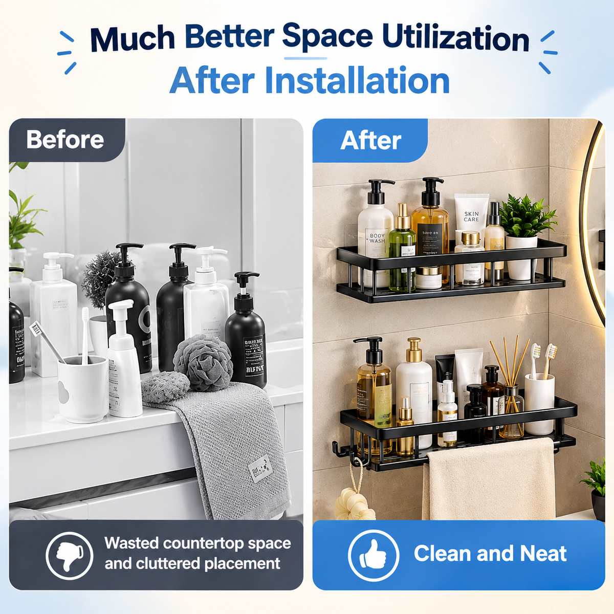 Premium Bathroom Wall Shelf  No Drill Shower Storage Rack